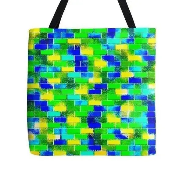 Tote Bags-BRICK WALL SMUDGED Tote Bags-Blues & Greens & Yellows-from COLORADDICTED.COM-
