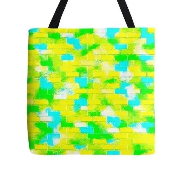 Tote Bags-BRICK WALL SMUDGED Tote Bags-Greens & Yellows & Light Blues-from COLORADDICTED.COM-