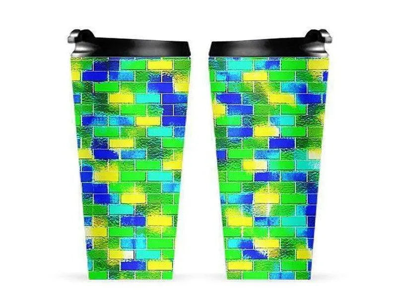 Travel Mugs-BRICK WALL SMUDGED Travel Mugs-Blues & Greens & Yellows-from COLORADDICTED.COM-