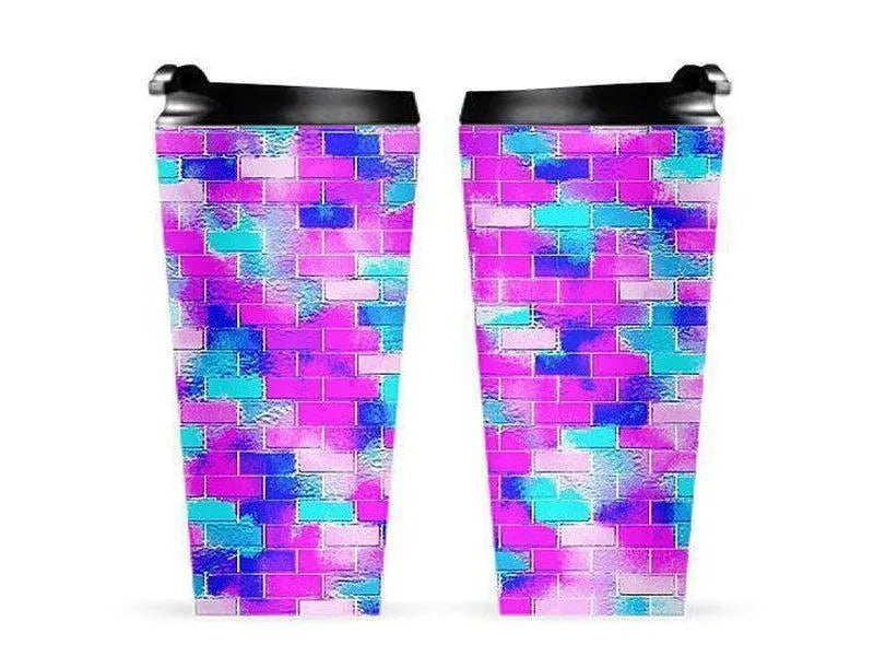Travel Mugs-BRICK WALL SMUDGED Travel Mugs-Blues & Purples & Fuchsias & Pinks-from COLORADDICTED.COM-