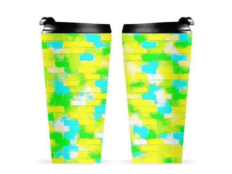 Travel Mugs-BRICK WALL SMUDGED Travel Mugs-Greens &amp; Yellows &amp; Light Blues-from COLORADDICTED.COM-