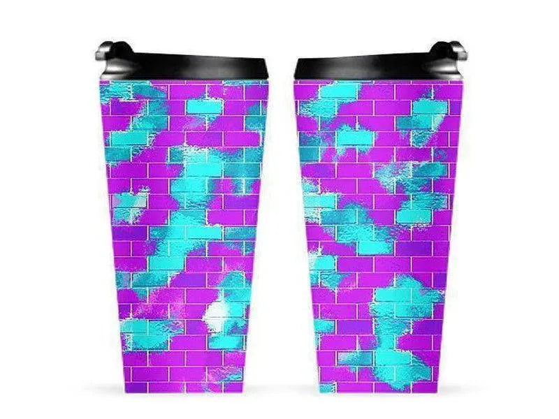 Travel Mugs-BRICK WALL SMUDGED Travel Mugs-Purples & Violets & Turquoises-from COLORADDICTED.COM-