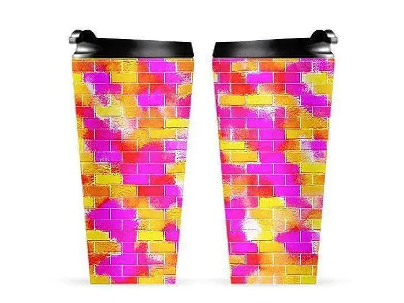 Travel Mugs-BRICK WALL SMUDGED Travel Mugs-Reds & Oranges & Yellows & Fuchsias-from COLORADDICTED.COM-