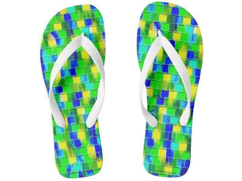 Flip Flops-BRICK WALL SMUDGED Wide-Strap Flip Flops-Blues &amp; Greens &amp; Yellows-from COLORADDICTED.COM-