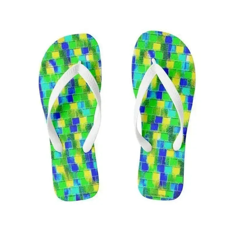 Flip Flops-BRICK WALL SMUDGED Wide-Strap Flip Flops-Blues & Greens & Yellows-from COLORADDICTED.COM-