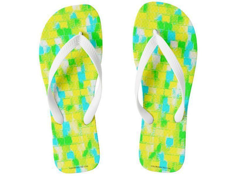 Flip Flops-BRICK WALL SMUDGED Wide-Strap Flip Flops-Greens &amp; Yellows &amp; Light Blues-from COLORADDICTED.COM-