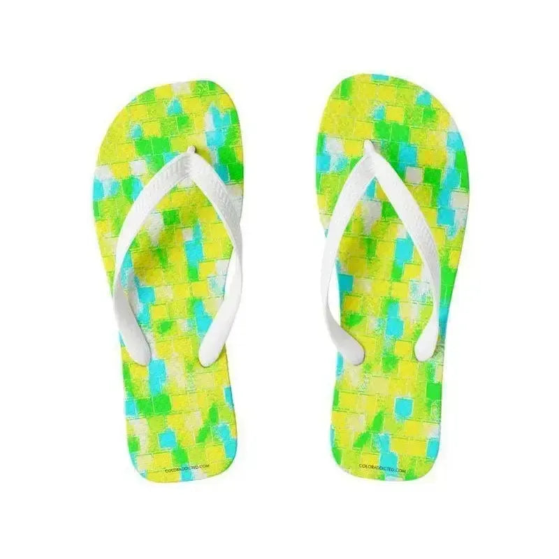 Flip Flops-BRICK WALL SMUDGED Wide-Strap Flip Flops-Greens & Yellows & Light Blues-from COLORADDICTED.COM-