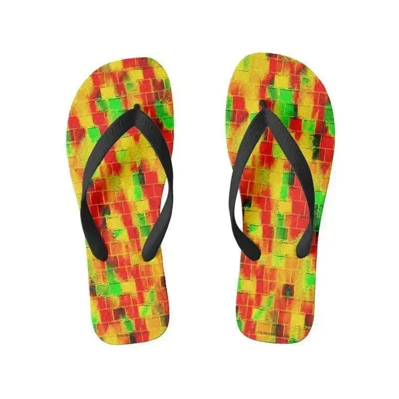 Flip Flops-BRICK WALL SMUDGED Wide-Strap Flip Flops-Reds & Oranges & Yellows & Greens-from COLORADDICTED.COM-