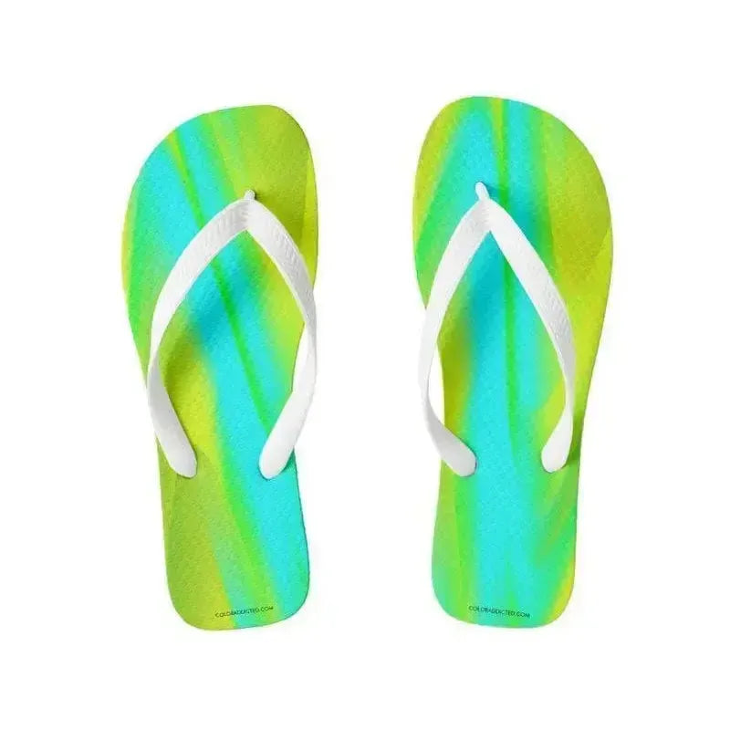 Flip Flops-DREAM PATH Wide-Strap Flip Flops-Greens & Yellows & Light Blues-from COLORADDICTED.COM-