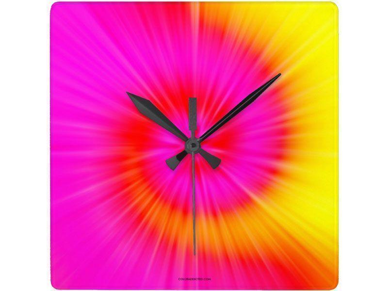 Wall Clocks-TIE DYE Square Wall Clocks-Fuchsias, Magentas, Reds, Oranges &amp; Yellows-from COLORADDICTED.COM-