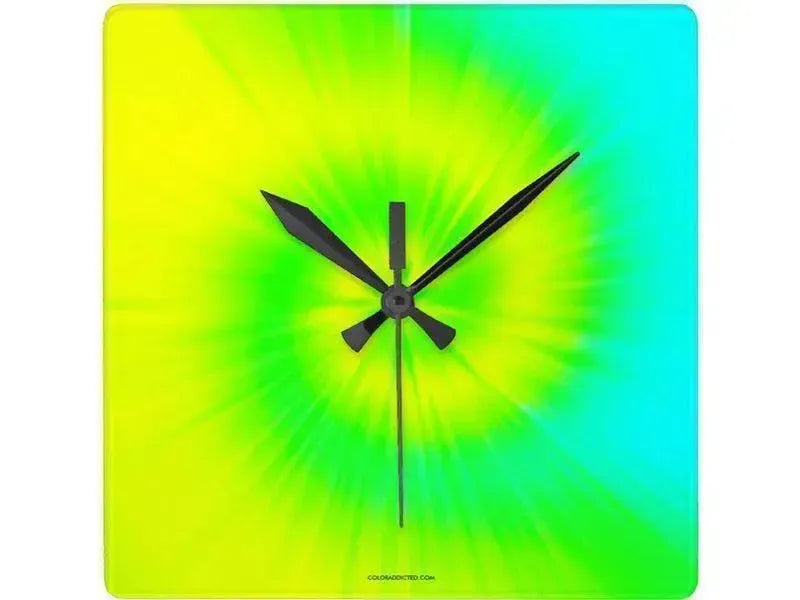 Wall Clocks-TIE DYE Square Wall Clocks-Yellows, Greens & Turquoise-from COLORADDICTED.COM-