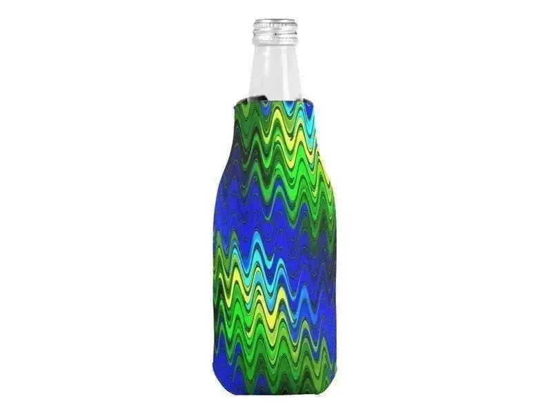 Bottle Cooler Sleeves – Bottle Koozies-WAVY #2 Bottle Cooler Sleeves – Bottle Koozies-Blues & Greens & Yellows-from COLORADDICTED.COM-
