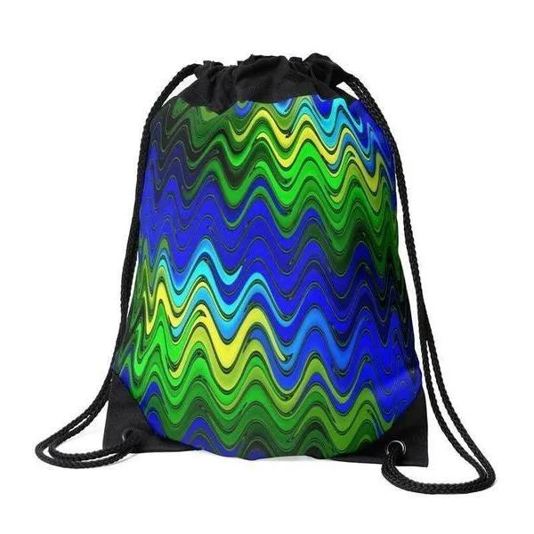 Drawstring Bags-WAVY #2 Drawstring Bags-Blues & Greens & Yellows-from COLORADDICTED.COM-