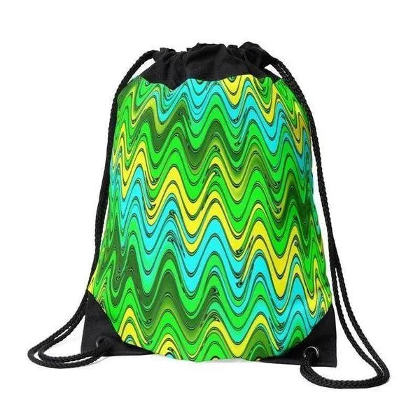 Drawstring Bags-WAVY #2 Drawstring Bags-Greens & Yellows & Light Blues-from COLORADDICTED.COM-