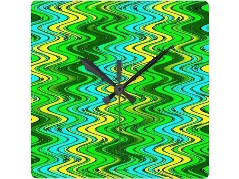 Wall Clocks-WAVY #2 Square Wall Clocks-Greens, Yellows & Light Blues-from COLORADDICTED.COM-